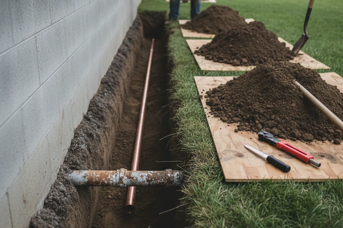 Excavated water line trench during Sewer Line Repair in Snowville